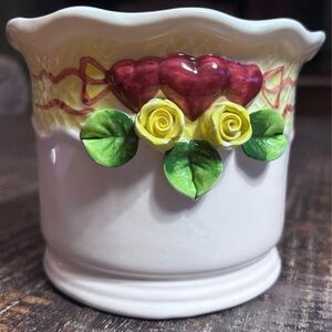 Vintage Ceramic Planter with Heart and Rose Design